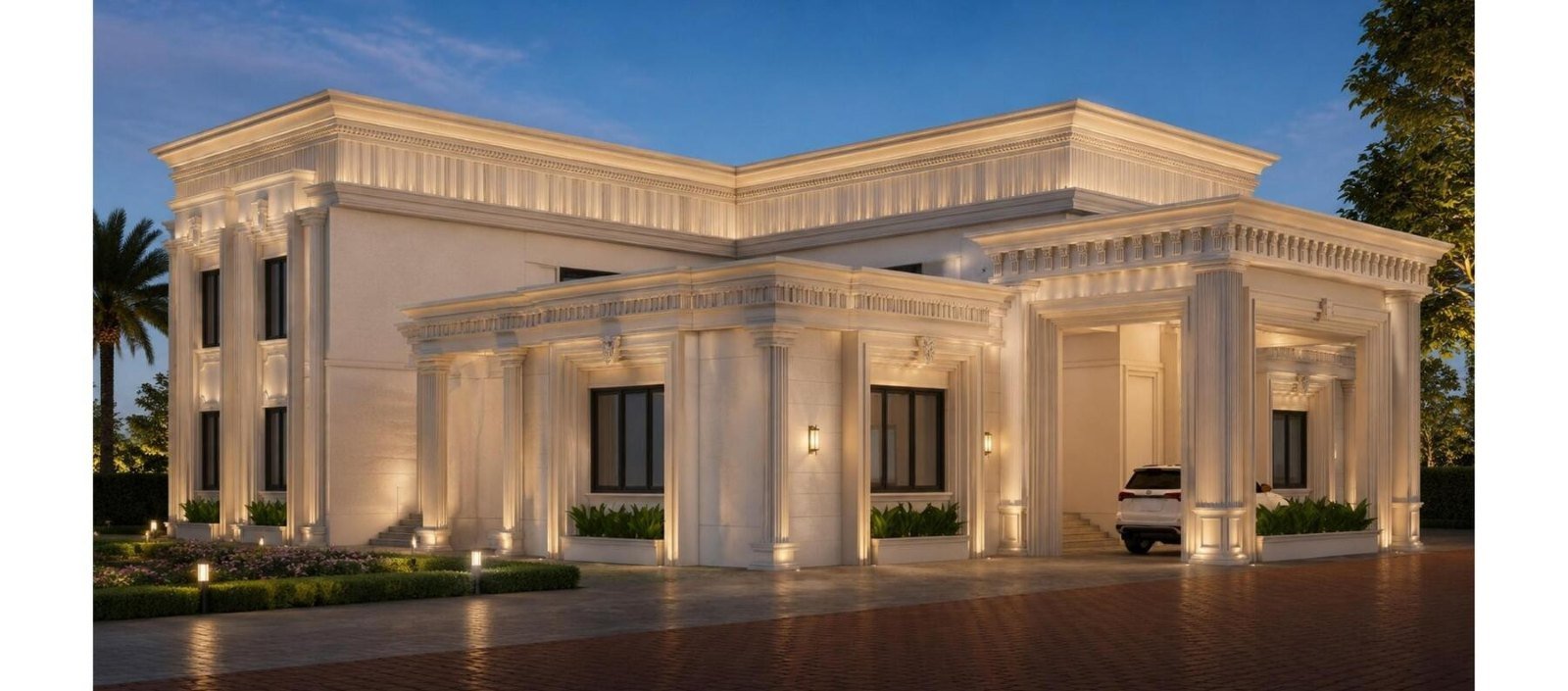 Rushikesh Jadhav Residence, corner elevation at dusk