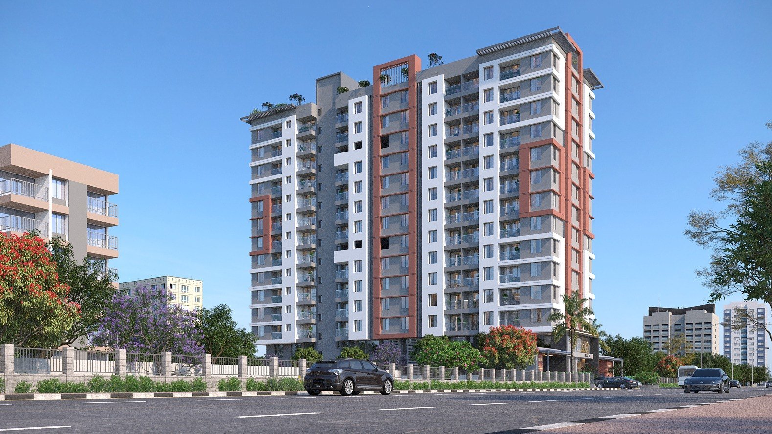 Sky Blue tower, street-level view